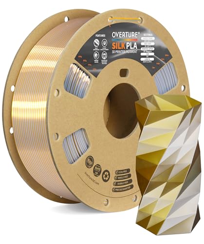 OVERTURE Silk PLA Dual Color Filament 1.75mm, Bi-Color Shiny PLA Finish, Smooth & Glossy, 1kg Spool (2.2lbs), Ideal for Cosplay Jewelry & Home Decor (Silk Gold-Silver)