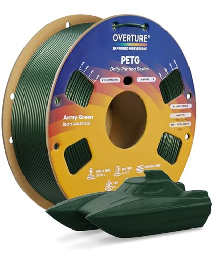 OVERTURE PETG 3D Printer Filament 1.75mm, Neatly Wound Durable PETG 1kg Spool (2.2lbs), Strong Toughness Filament, Dimensional Accuracy +/- 0.02mm, Fit Most FDM Printers (Army Green)