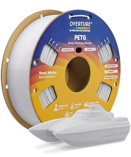 OVERTURE Rock PETG 3D Printer Filament 1.75mm, Neatly Wound Durable PETG 1kg Spool (2.2lbs), Strong Toughness Filament, Dimensional Accuracy +/- 0.02mm, Fit Most FDM Printers (Rock White)