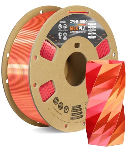 OVERTURE Silk PLA Dual Color Filament 1.75mm, Bi-Color Shiny PLA Finish, Smooth & Glossy, 1kg Spool (2.2lbs), Ideal for Cosplay Jewelry & Home Decor (Silk Red-Gold)