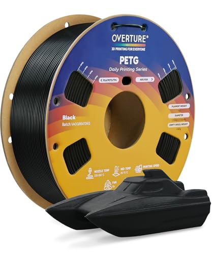 OVERTURE PETG 3D Printer Filament 1.75mm, Neatly Wound Durable PETG 1kg Spool (2.2lbs), Strong Toughness Filament, Dimensional Accuracy +/- 0.02mm, Fit Most FDM Printers (Black (1-Pack))
