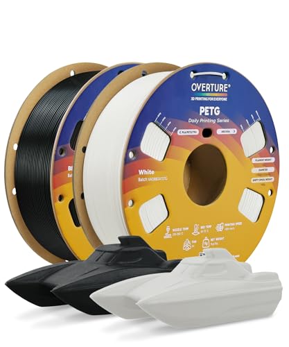 OVERTURE PETG Filament 1.75mm, 3D Printer Filament, 2kg Filament (4.4lbs), Dimensional Accuracy Probability +/- 0.02 mm, Fit Most FDM Printers (Black + White)