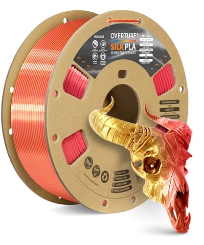 OVERTURE Silk PLA Dual Color Filament 1.75mm, Bi-Color Shiny PLA Finish, Smooth & Glossy, 1kg Spool (2.2lbs), Ideal for Cosplay Jewelry & Home Decor (Silk Red-Gold)