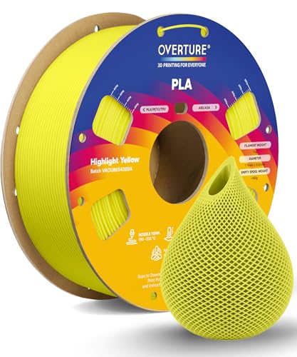 OVERTURE PLA Filament 1.75mm, Neatly Wound 3D Printer Filament 1kg Spool (2.2lbs), Dimensional Accuracy +/- 0.02 mm, Fit Most FDM 3D Printers (Highlight Yellow)