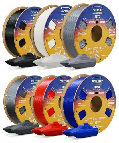 OVERTURE 6KG Bundle PETG 3D Printer Filament 1.75mm, Neatly Wound Durable PETG 6 Pack 1kg(2.2lbs), Strong Toughness Filament, Dimensional Accuracy +/- 0.02mm, Fit Most FDM Printers (6 Color (6-Pack))