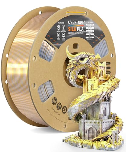 OVERTURE Silk PLA Dual Color Filament 1.75mm, Bi-Color Shiny PLA Finish, Smooth & Glossy, 1kg Spool (2.2lbs), Ideal for Cosplay Jewelry & Home Decor (Silk Gold-Silver)
