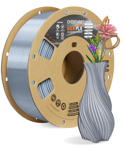 OVERTURE Silk PLA Filament 1.75mm, Clog-Free Shiny, Metallic Shine 3D Printer Filament, 1kg Spool (2.2lbs), Ideal for Cosplay Jewelry & Home Decor (Silk Silver)