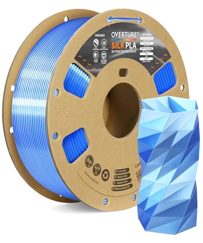 OVERTURE Silk PLA Dual Color Filament 1.75mm, Bi-Color Shiny PLA Finish, Smooth & Glossy, 1kg Spool (2.2lbs), Ideal for Cosplay Jewelry & Home Decor (Silk Blue-Silver)
