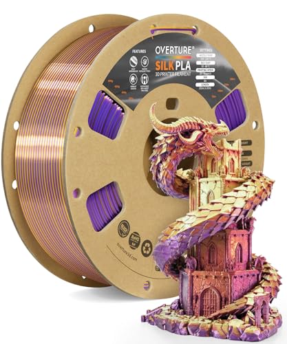 OVERTURE Silk PLA Dual Color Filament 1.75mm, Bi-Color Shiny PLA Finish, Smooth & Glossy, 1kg Spool (2.2lbs), Ideal for Cosplay Jewelry & Home Decor (Silk Purple-Gold)